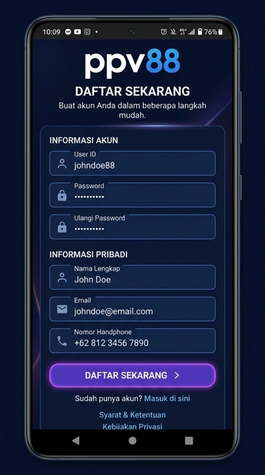Tampilan halaman daftar ppv88